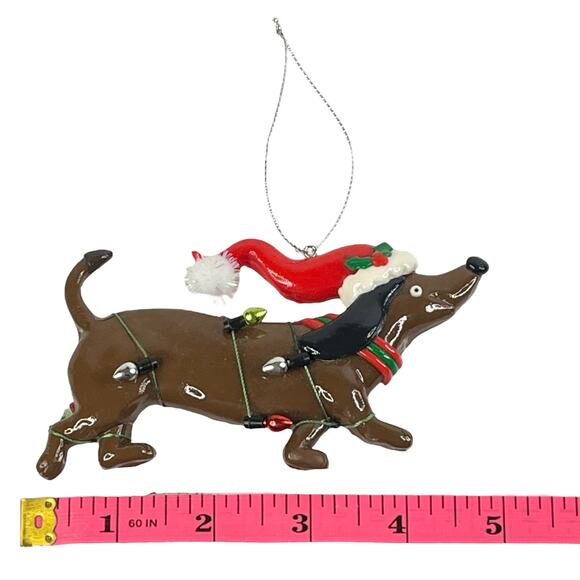 VTG Holiday DACHSHUND DOG ORNAMENT 5" Tangled In Christmas Lights w/ Santa Hat - Picture 5 of 6